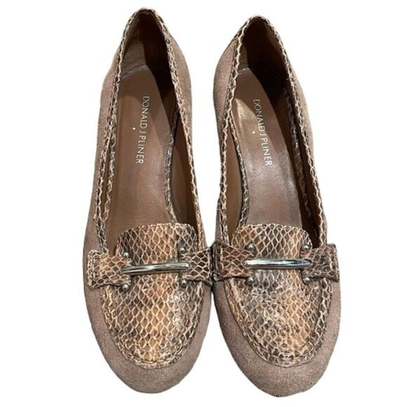 Donald J Pliner Tan Suede Wedge Shoes Womens Size 8.5N Snakeskin Leather - Picture 1 of 12